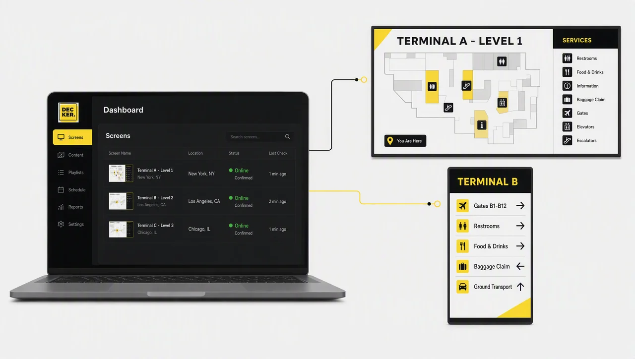 Wayfinding display showing a terminal floor map with directional arrows.