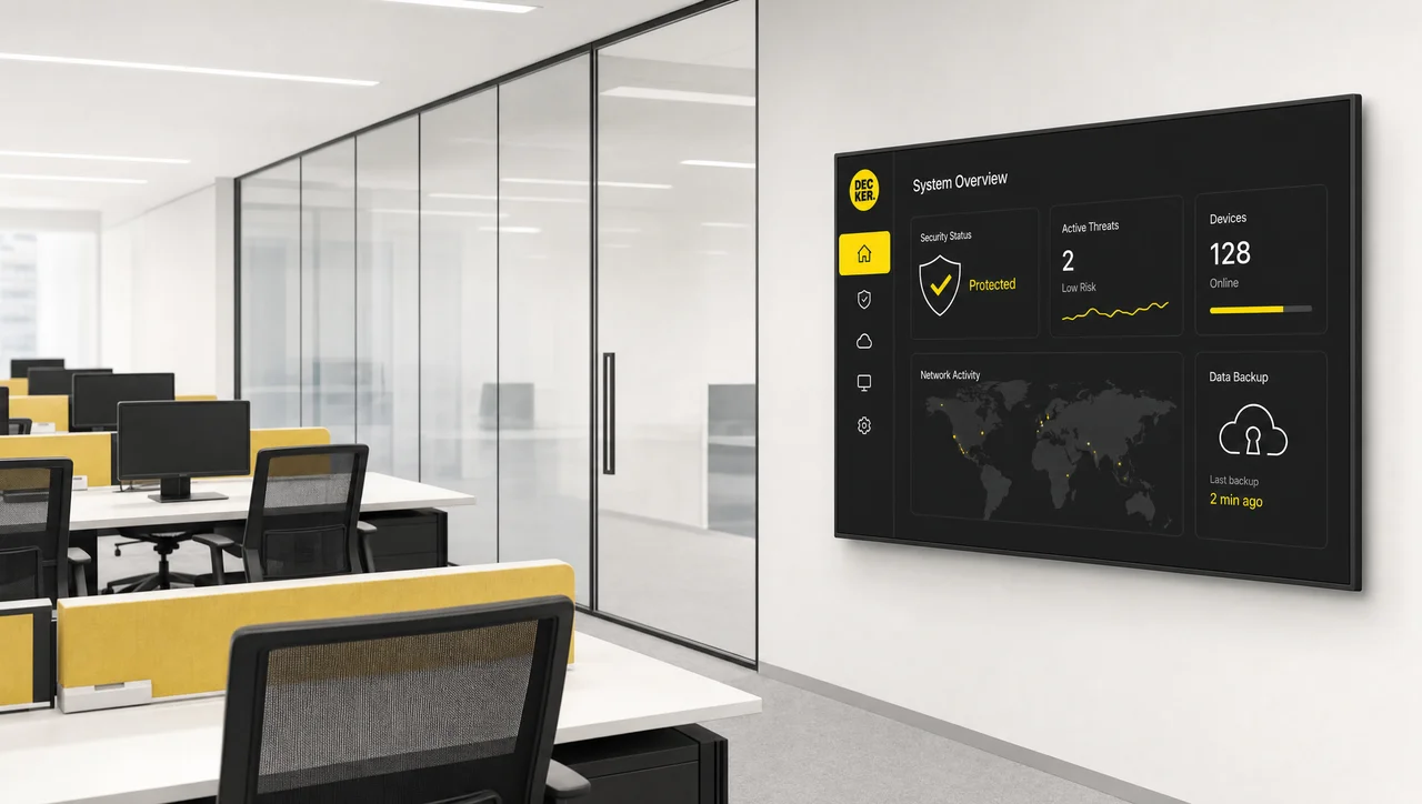 Corporate digital signage on an office wall panel.