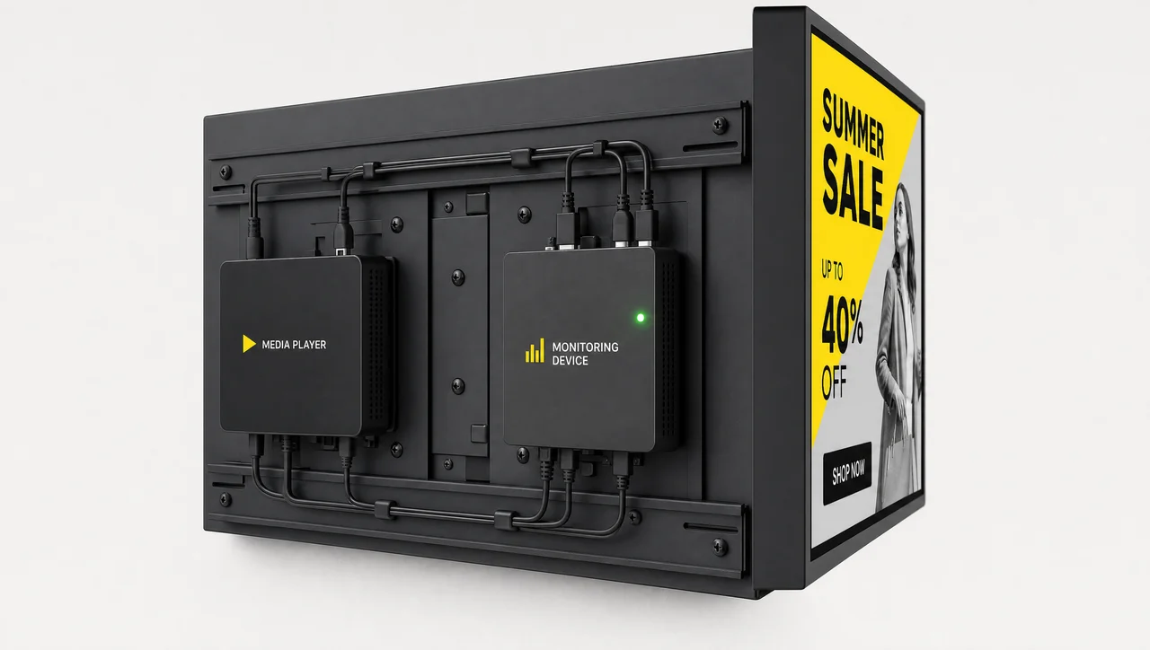 Decker digital signage advertising network: Media player and an independent verification device mounted behind a retail screen to confirm ad playback.
