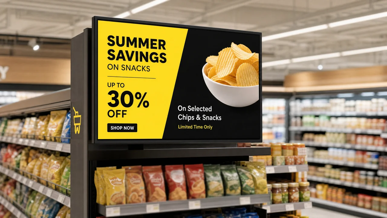 Supermarket aisle with a digital promotional screen