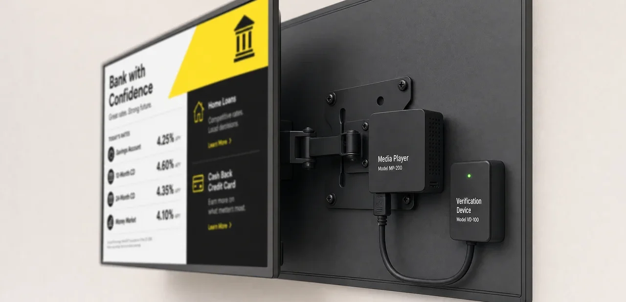 Two compact devices mounted behind a hospital display: the media player and a separate verification device with a status light.
