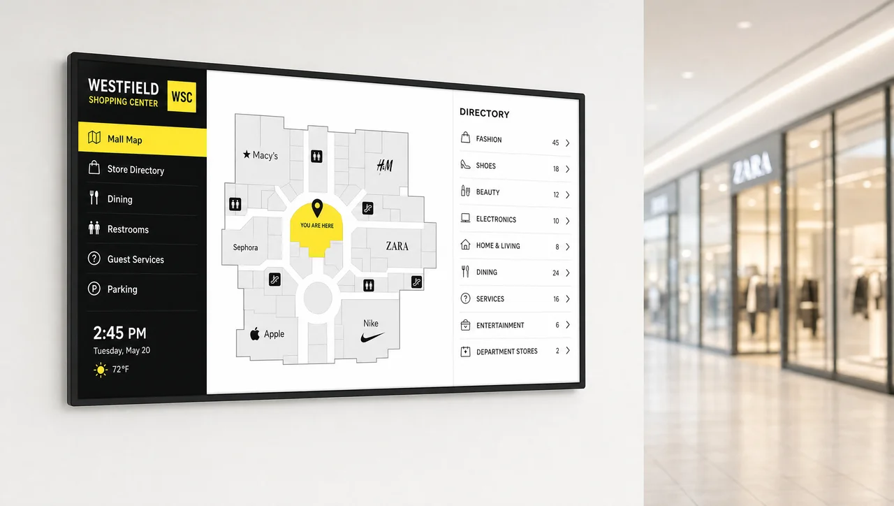 Shopping mall directory on a digital screen