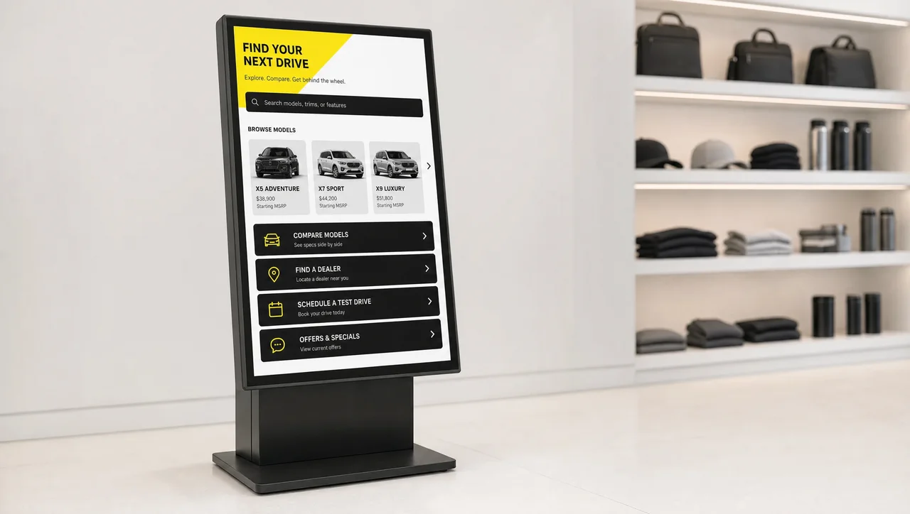 Interactive touchscreen kiosk on a retail sales floor
