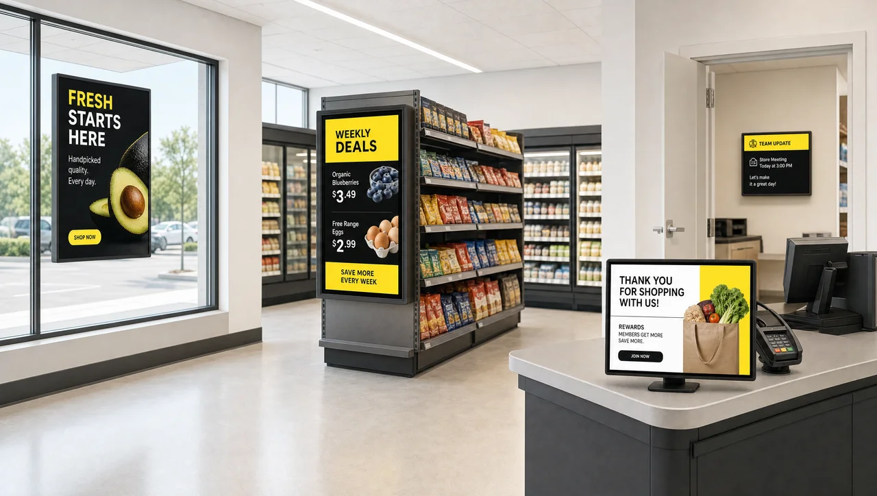 Retail store interior showing digital signage at the storefront window, sales floor, checkout counter, and back-of-house doorway.