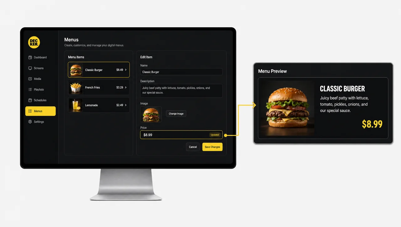Price data mapping into an existing layout inside a digital signage CMS platform.