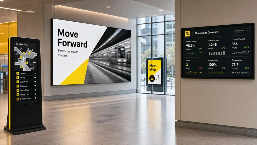 Four different types of digital signage in one lobby: an LED wall, a touchscreen totem, a wall panel dashboard and an outdoor enclosure.