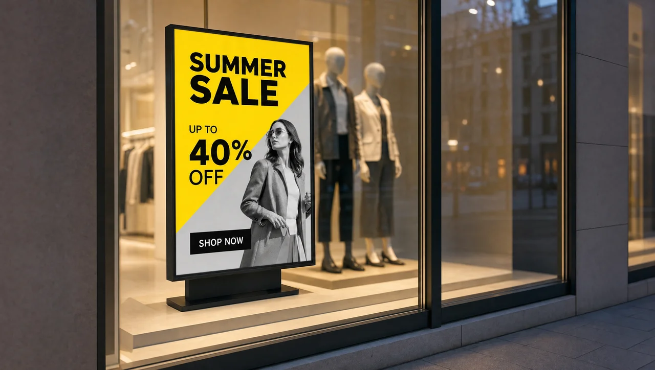 fashion store window with a vertical digital display