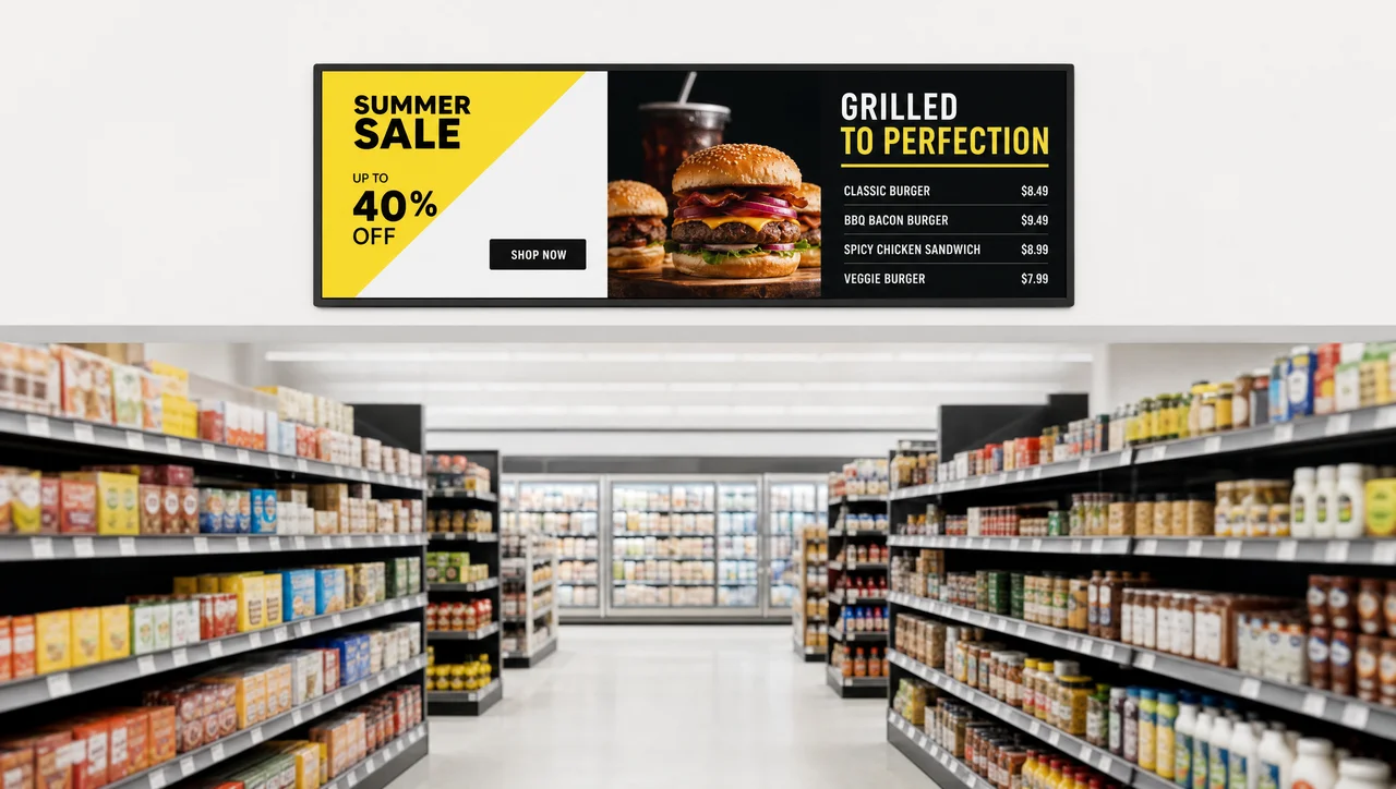 supermarket aisle with a department information display