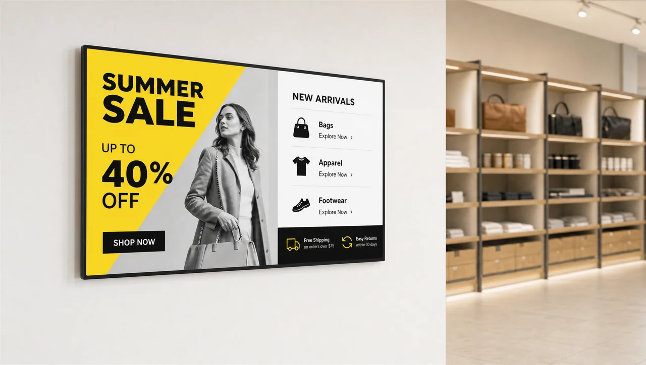 retail store interior with a wall-mounted promotional screen