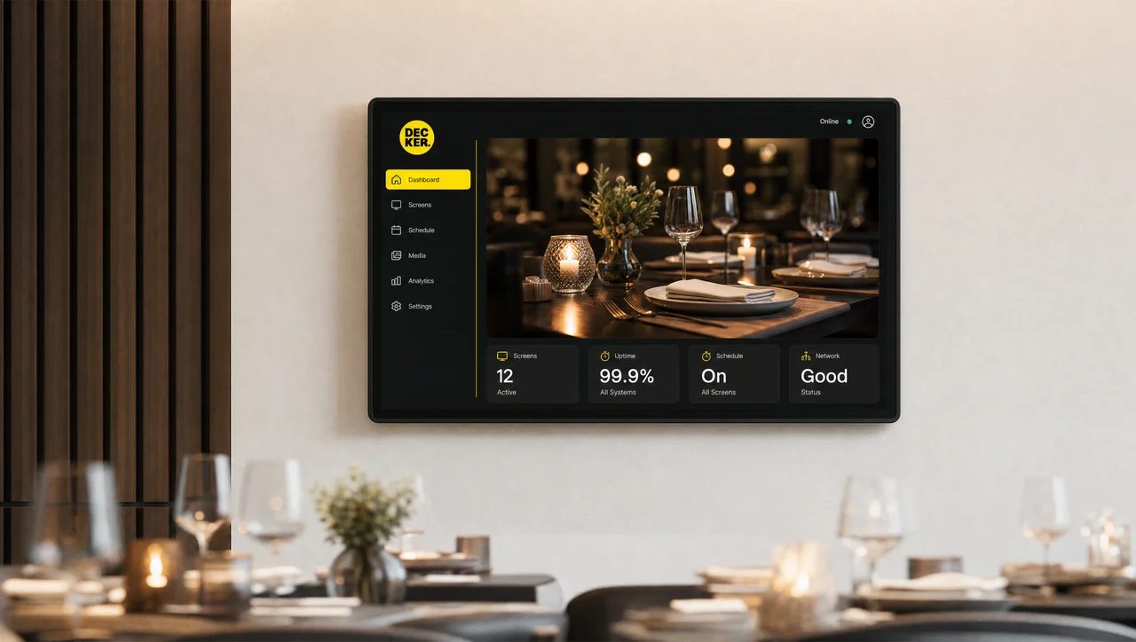Full-service restaurant digital signage screen displaying ambiance content.