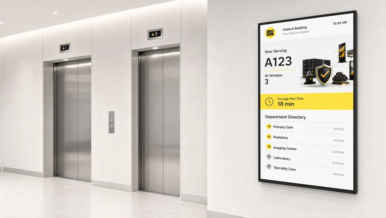 Digital wayfinding signage panel in a building lobby.