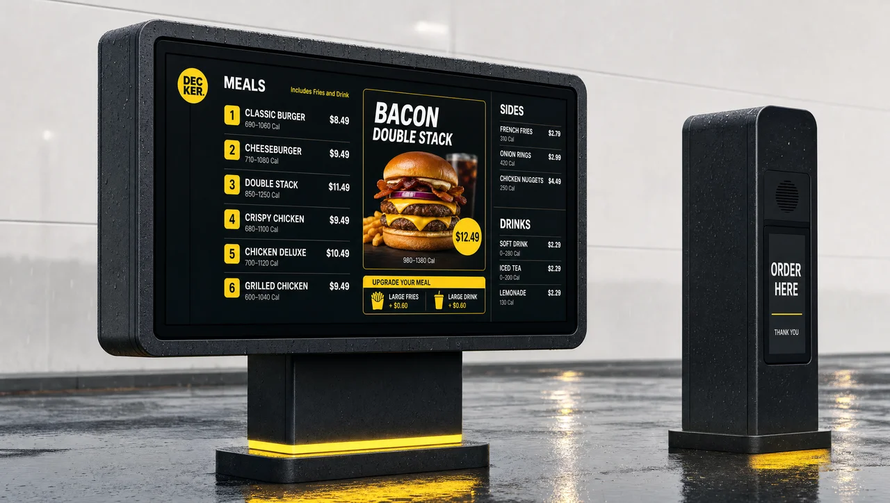 Outdoor drive-thru digital menu board showing QSR pricing.