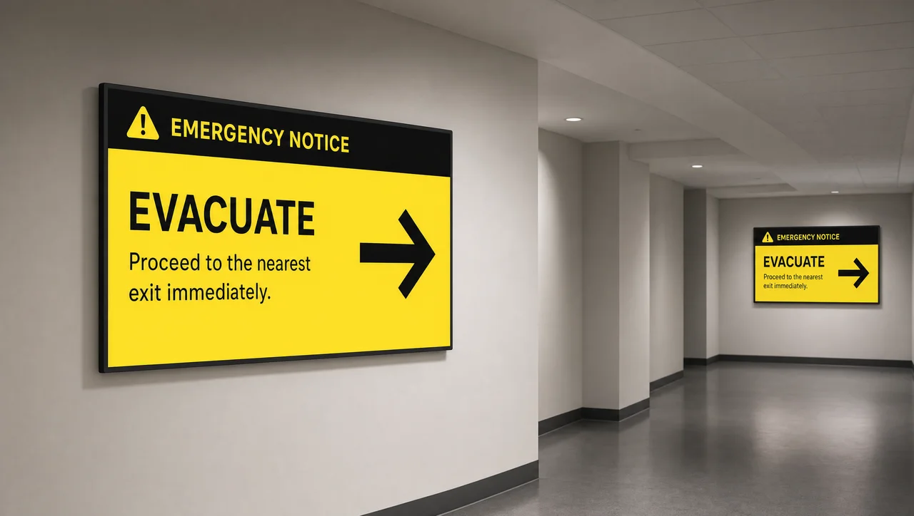 Emergency alert taking over a school hallway screen.