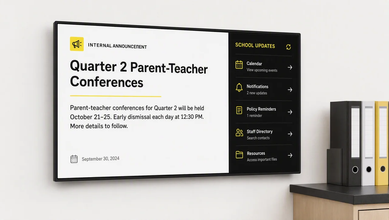 Staff intranet announcements mirrored on a school hallway screen.