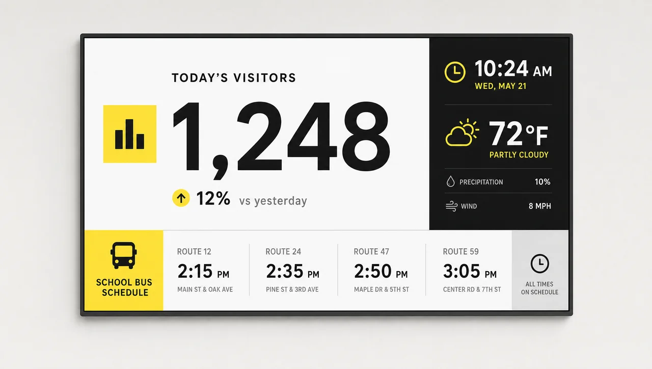 Live data dashboard with attendance and weather on a campus display.