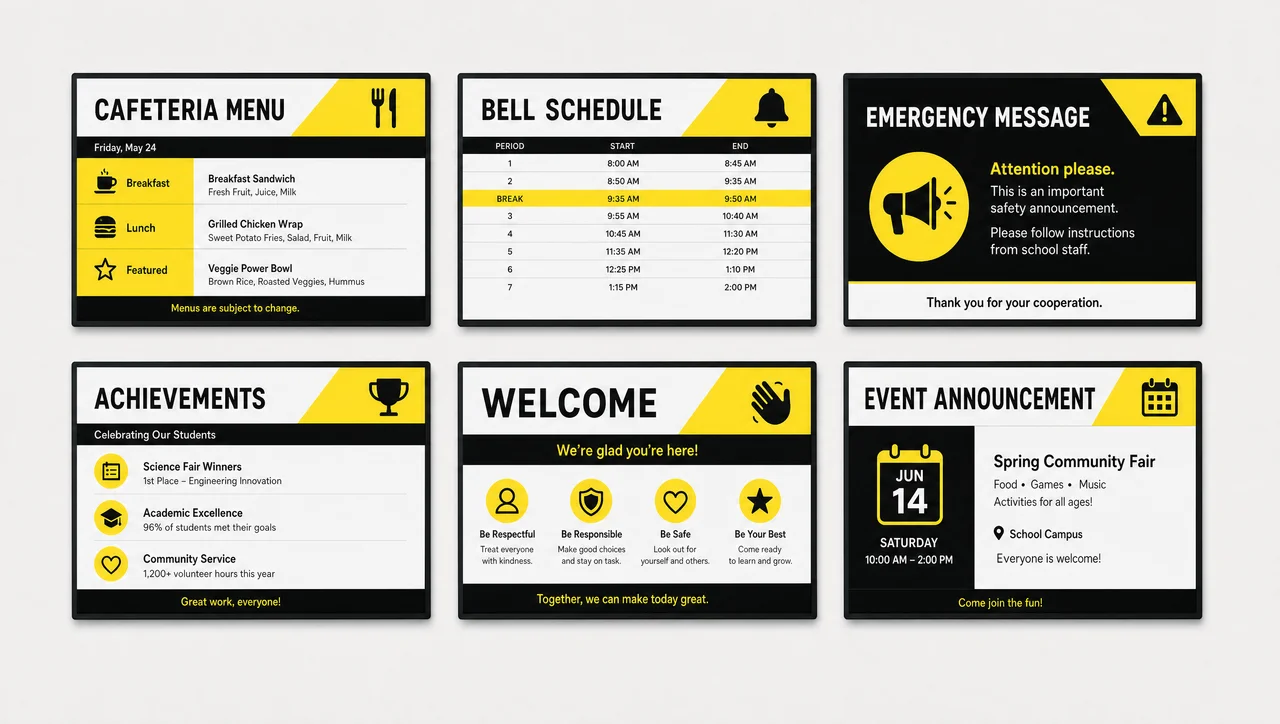 Gallery of ready-made layout templates for school screens.