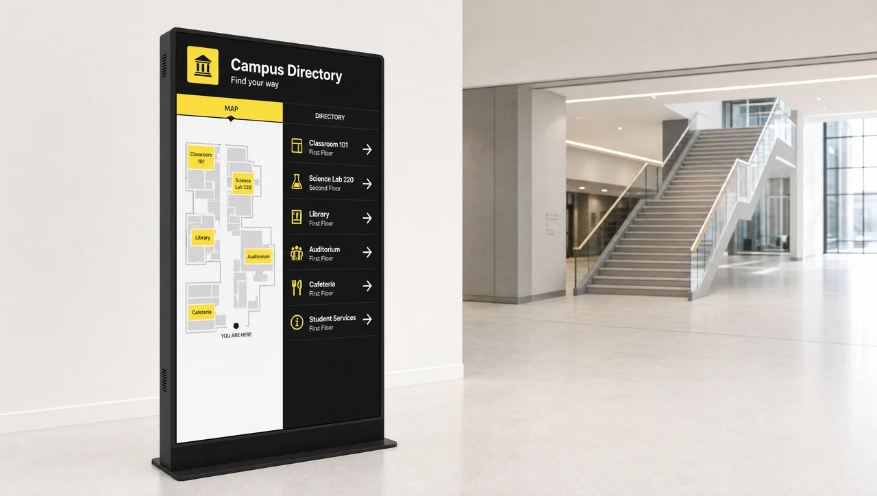 Interactive campus wayfinding directory on a lobby screen.