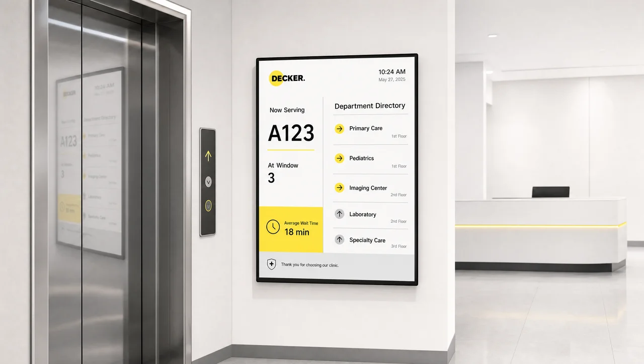 Digital signage screen in an elevator lobby.
