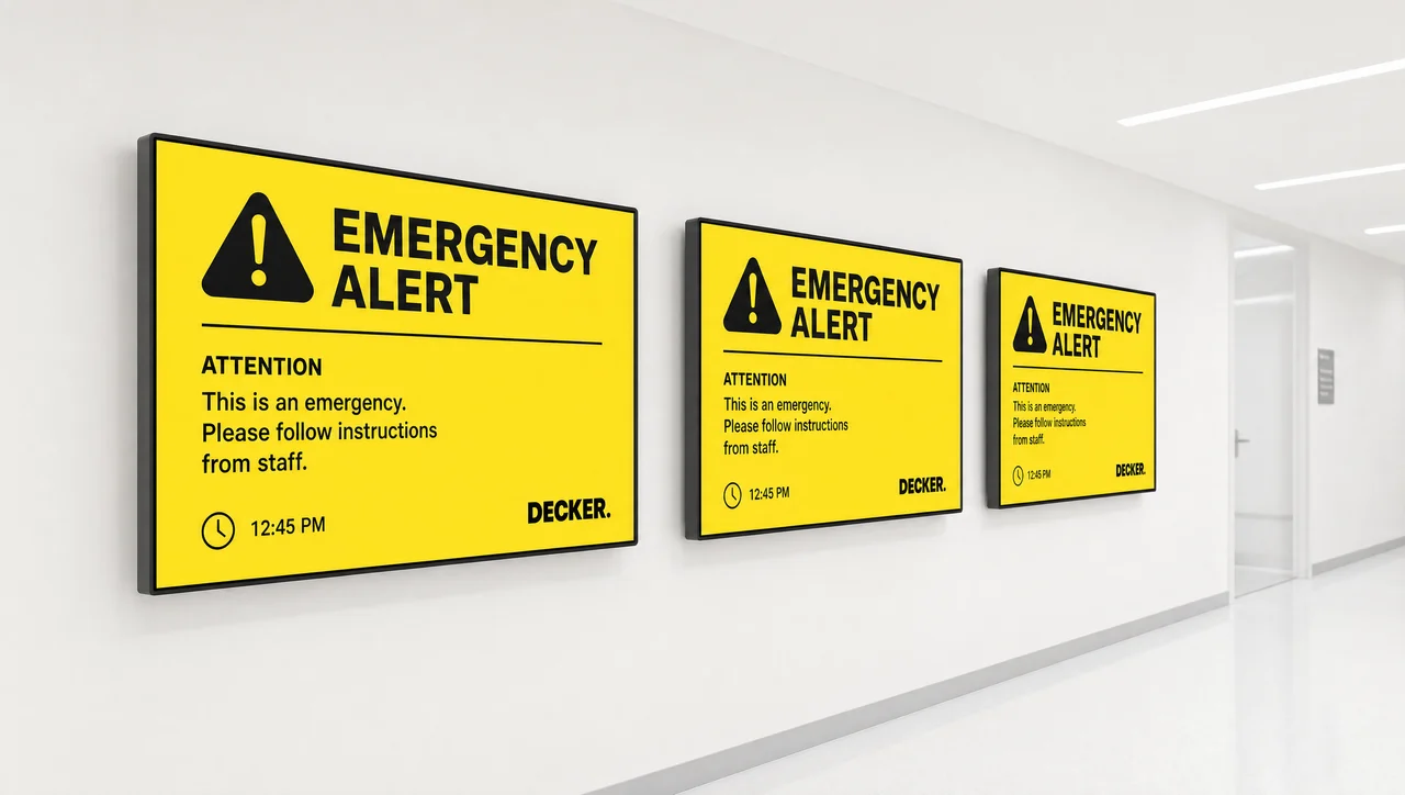 Digital signage screens showing a simultaneous emergency takeover.