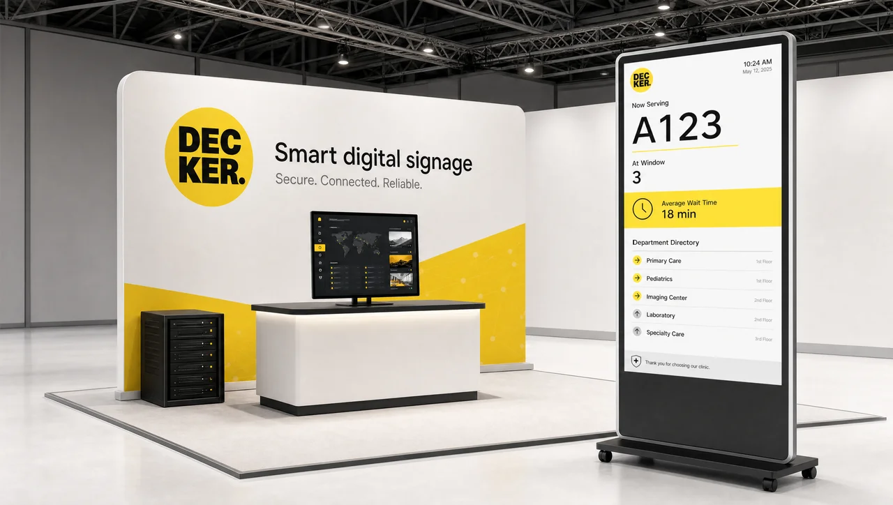 Digital signage screen at a trade show stand.