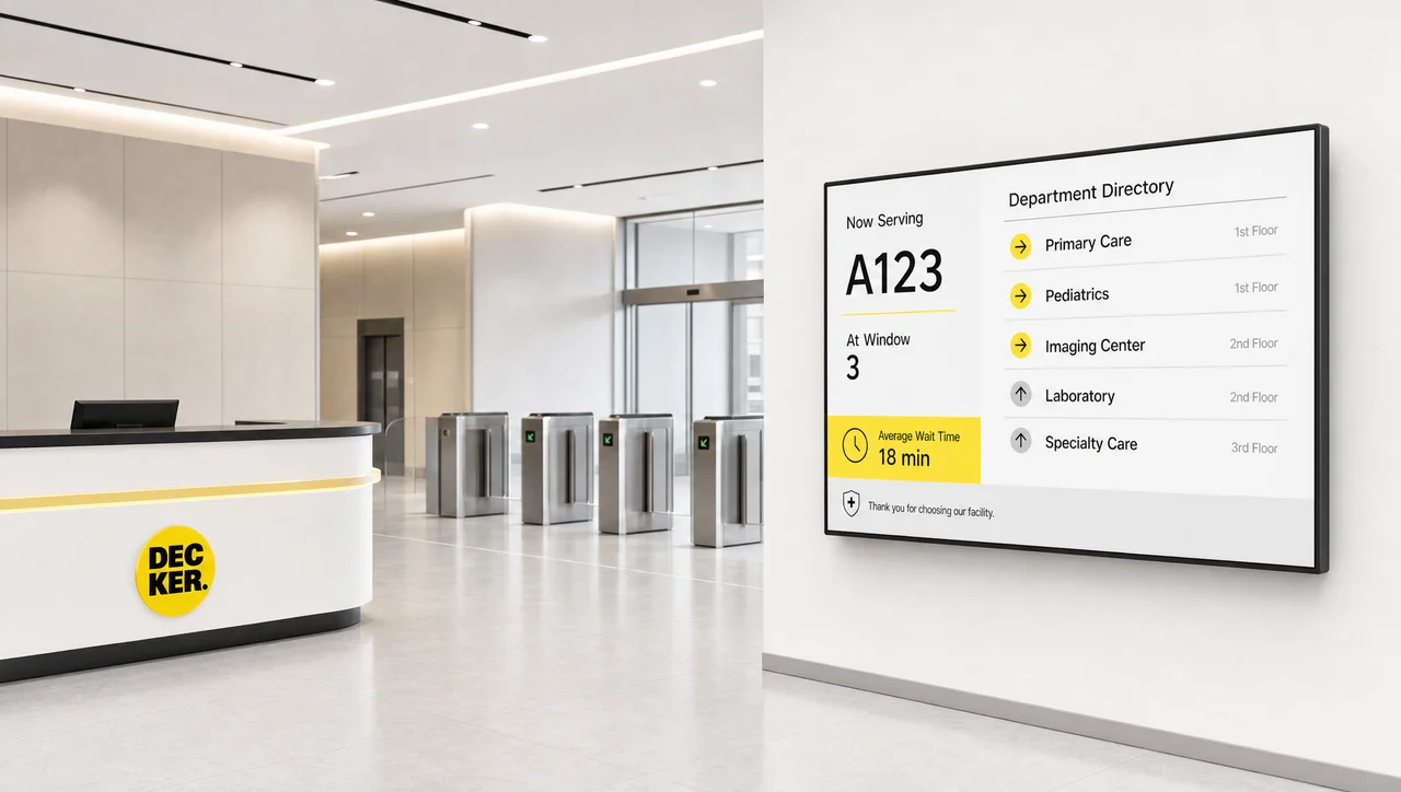 Government digital signage panel in a public building lobby.