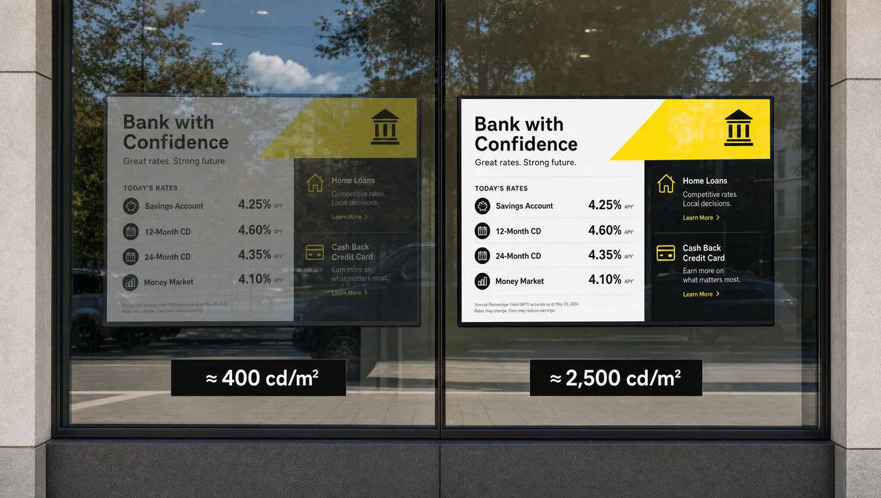 Standard 400 cd/m² panel and a 2,500 cd/m² high-bright screen in the same sunlit shop window, showing identical content.