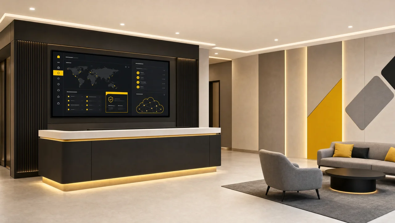 Hotel digital signage panel behind a lobby reception desk.