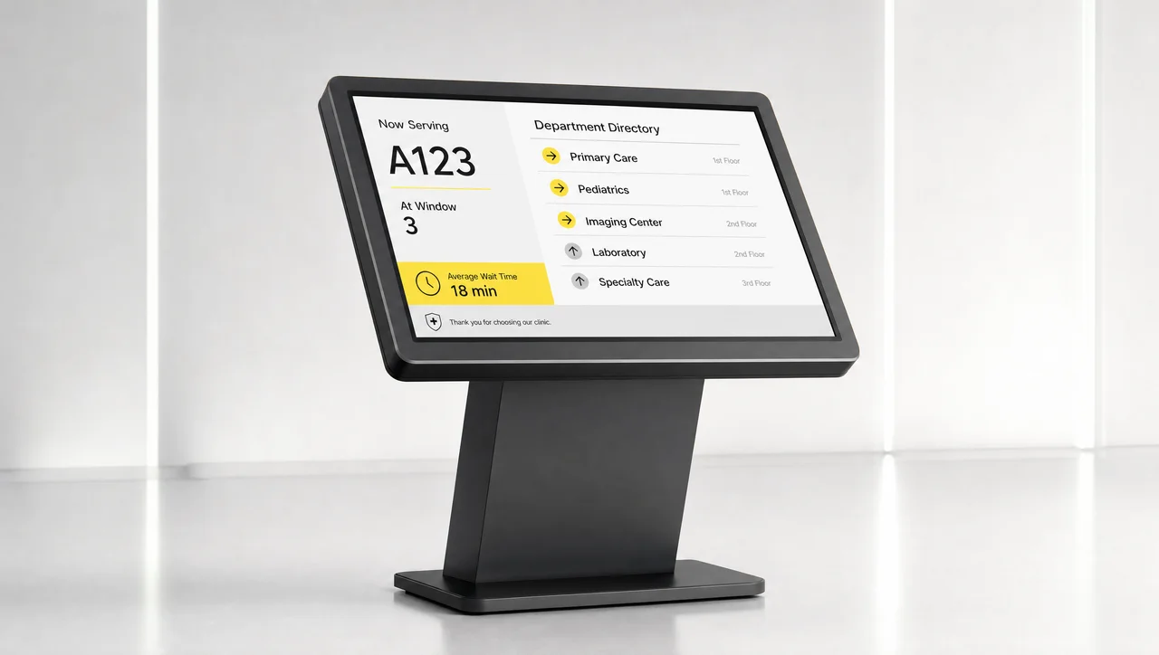 Interactive digital signage kiosk with a touchscreen.