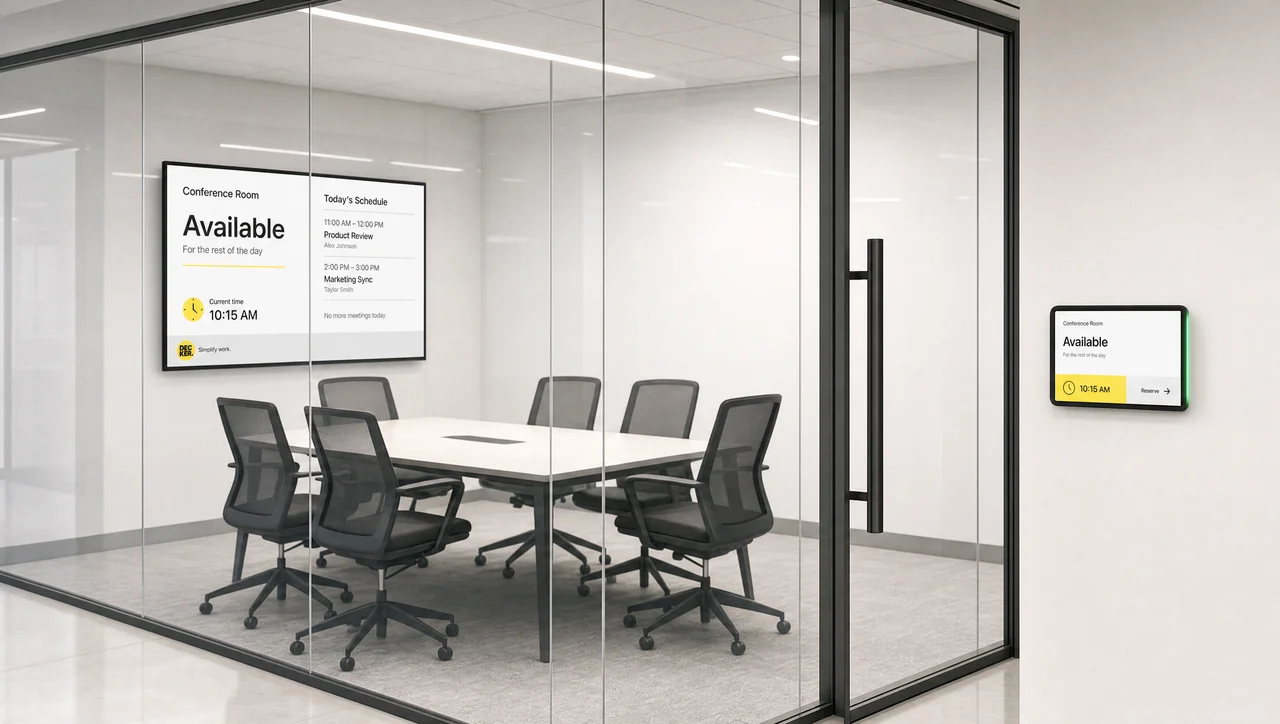 Meeting room digital signage status screen beside a door.