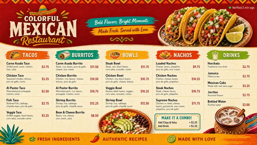 Colorful Mexican restaurant menu template, full design view.