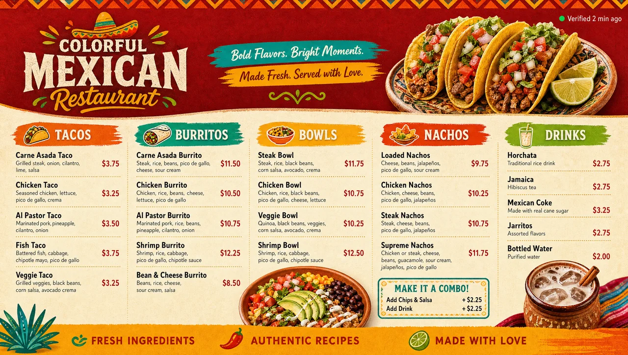 Colorful Mexican restaurant menu template, full design view.