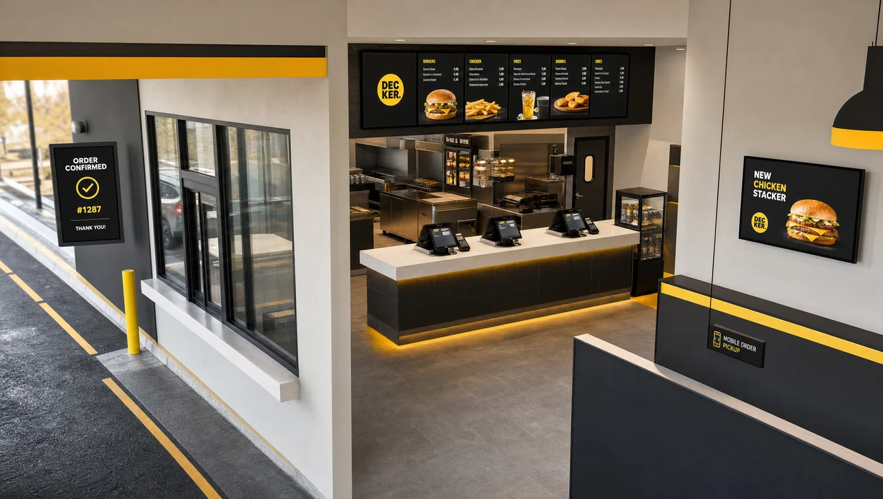 Multiple zones of one QSR digital signage location — drive-thru, counter, and waiting area — running on one connected system.