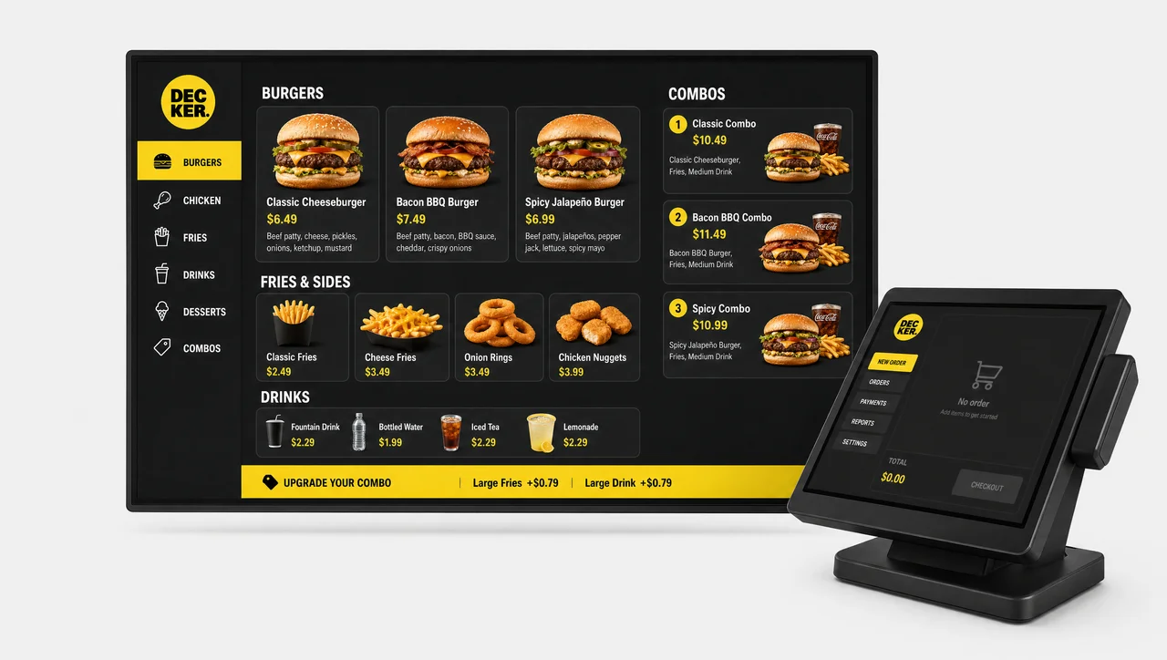 QSR digital menu board displaying restaurant pricing.