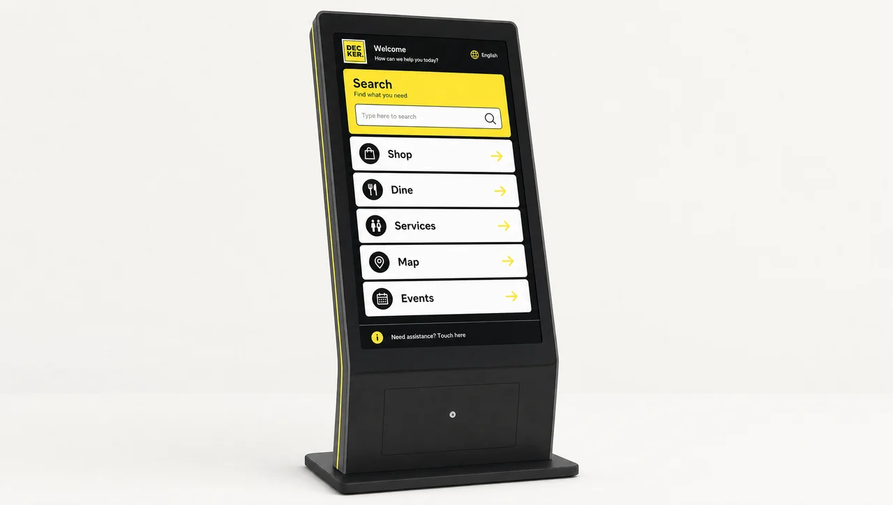 Passenger-height touchscreen kiosk in a public terminal hall.