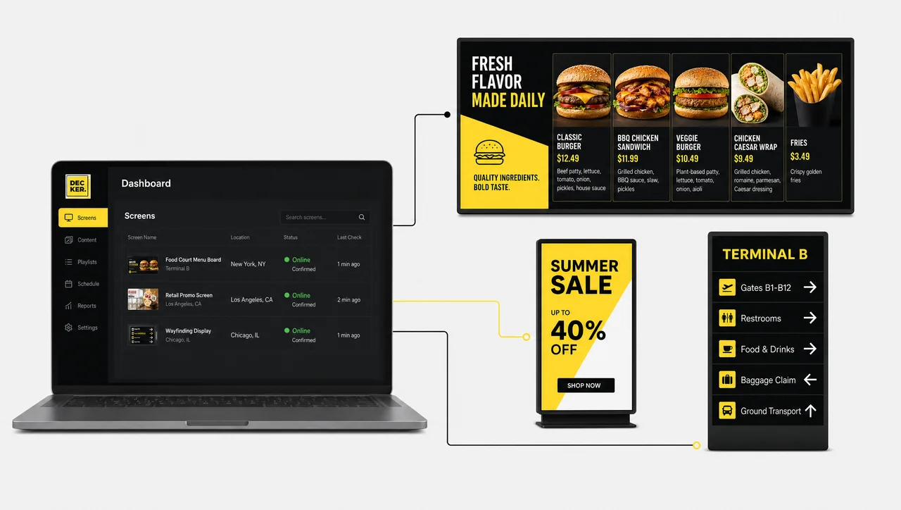 Digital menu board above a food-court counter showing items and prices.