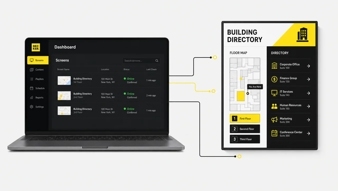 Interactive wayfinding directory screen showing a building map.