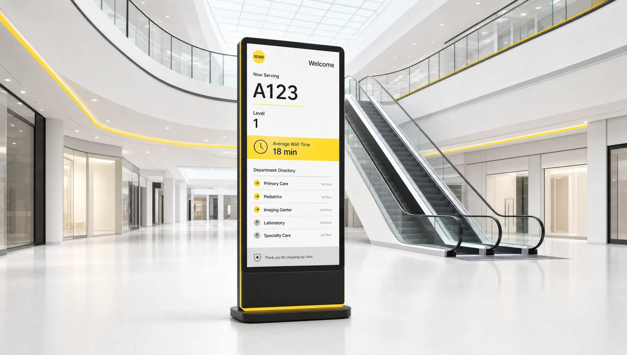 Shopping mall digital signage totem in an atrium.