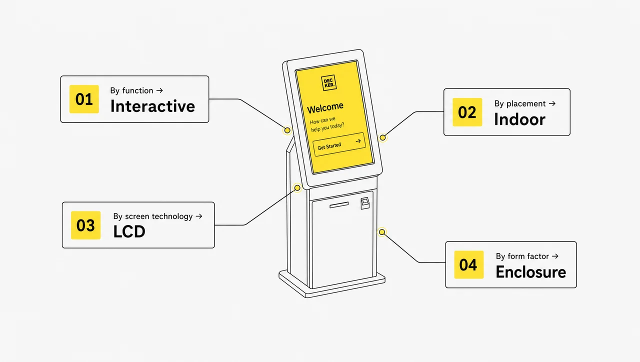 One self-service kiosk classified simultaneously by function, placement, screen technology and form factor.