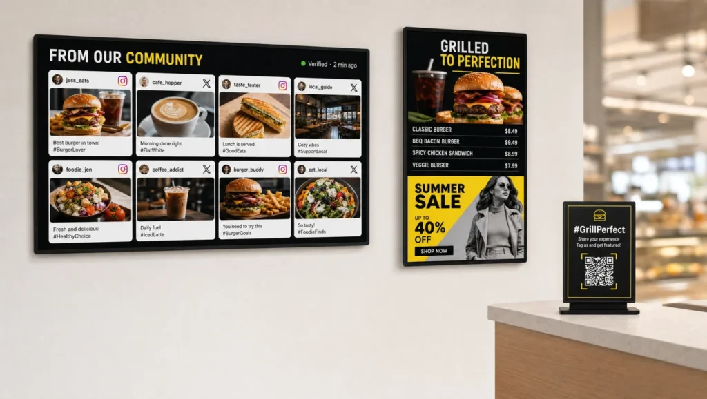 Social media digital signage: A social media wall, a price panel and a hashtag sign running side by side on one digital signage platform.