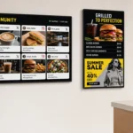 Social media digital signage: A social media wall, a price panel and a hashtag sign running side by side on one digital signage platform.