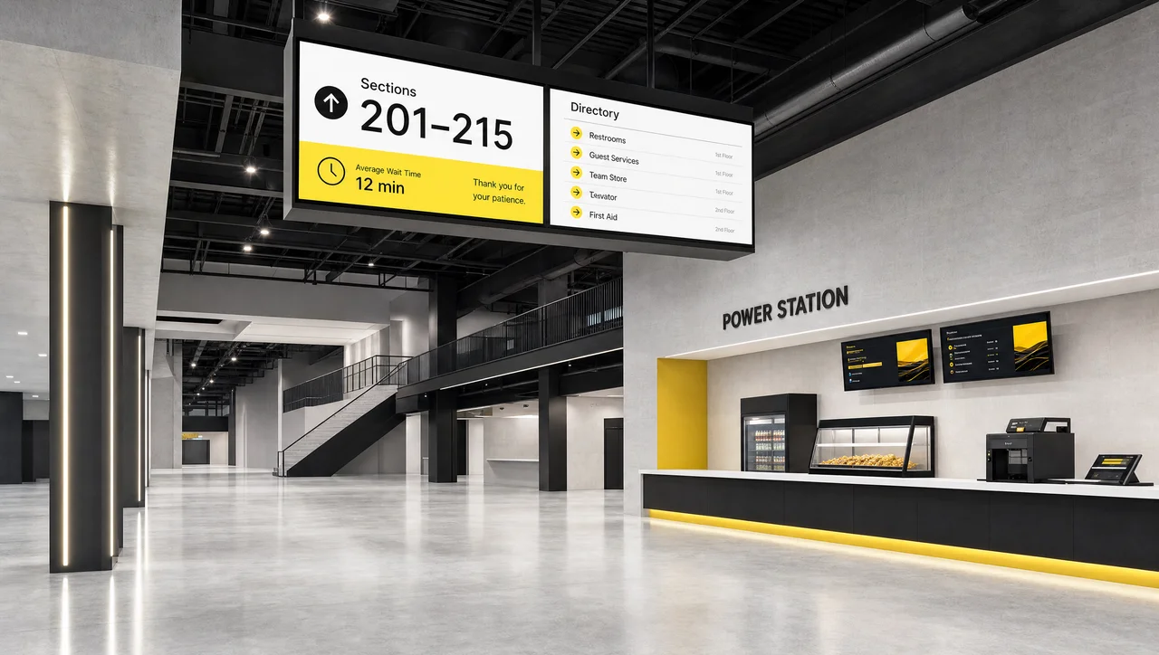 Stadium digital signage screens along an arena concourse.