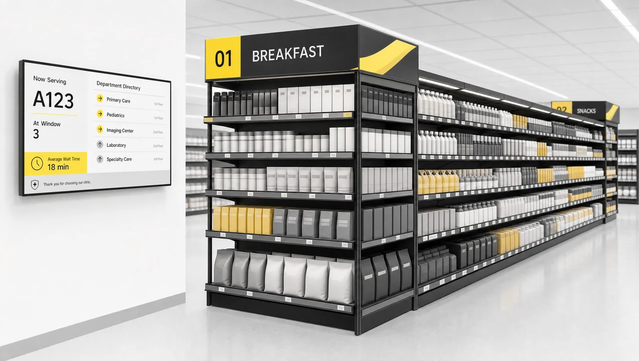 Supermarket digital signage screen above a store aisle.