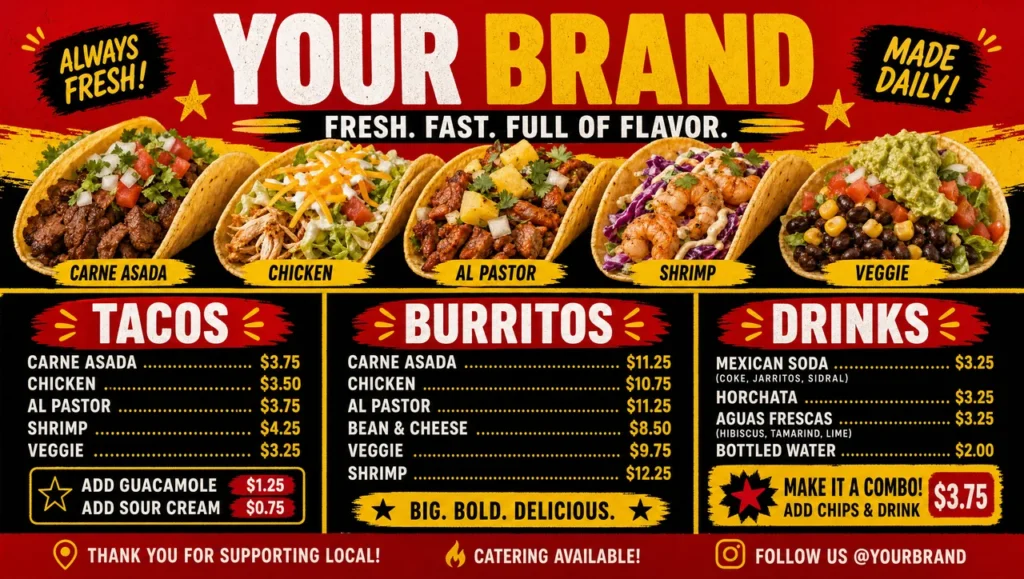 Taco truck menu template, full design view.