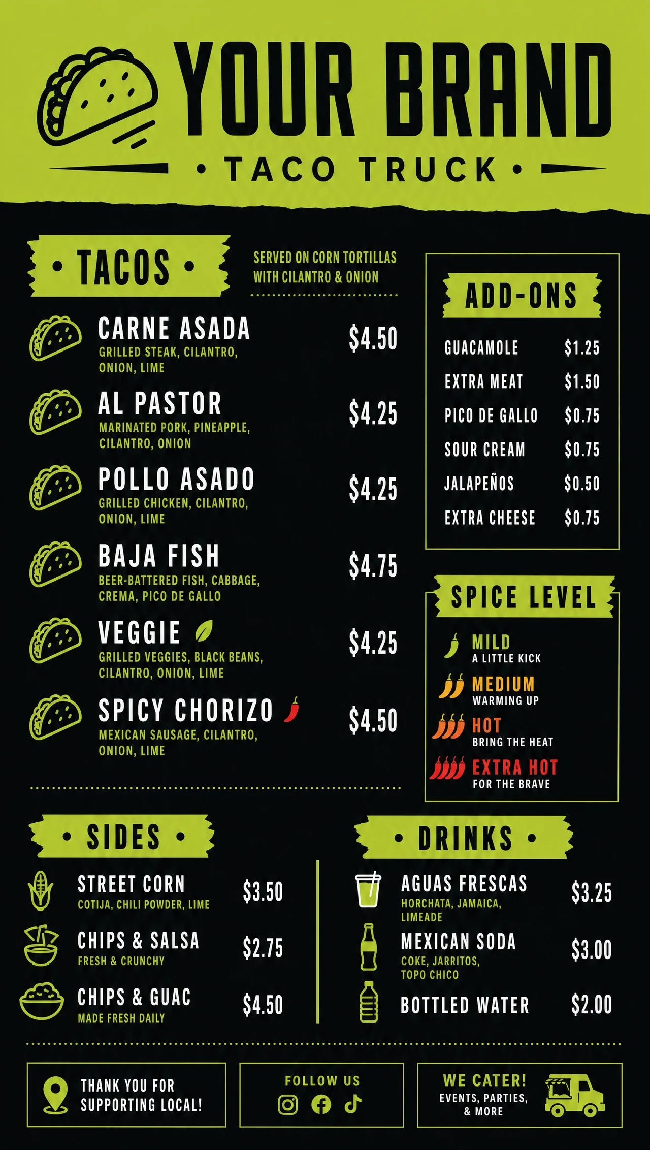 Taco truck menu ideas, vertical layout design.