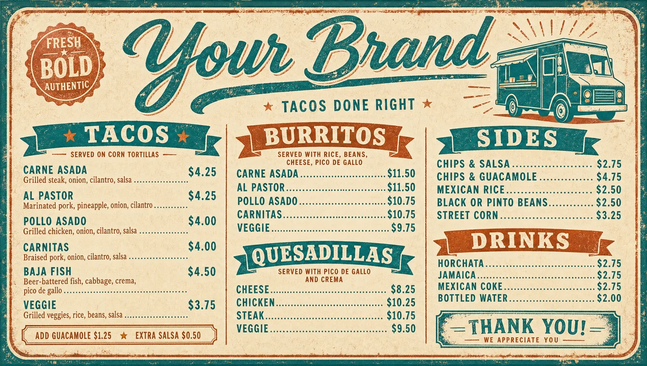 Simple taco truck menu design, full layout.