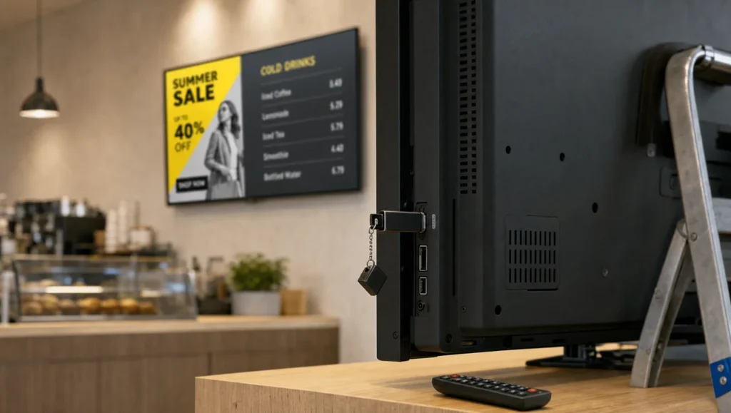 A USB flash drive plugged into a commercial display, with a second screen showing different content in the background.