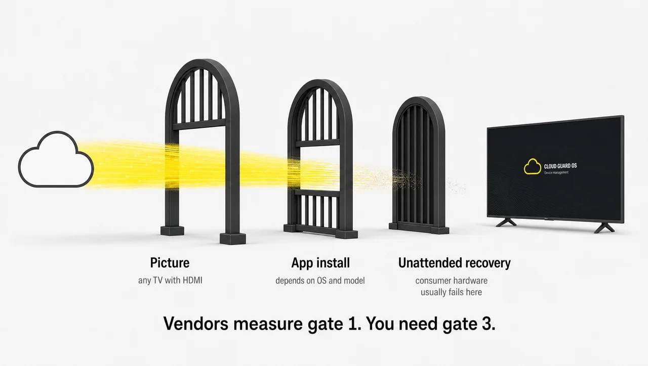 Three gates a TV must pass: showing a picture, installing the app, and recovering on its own.