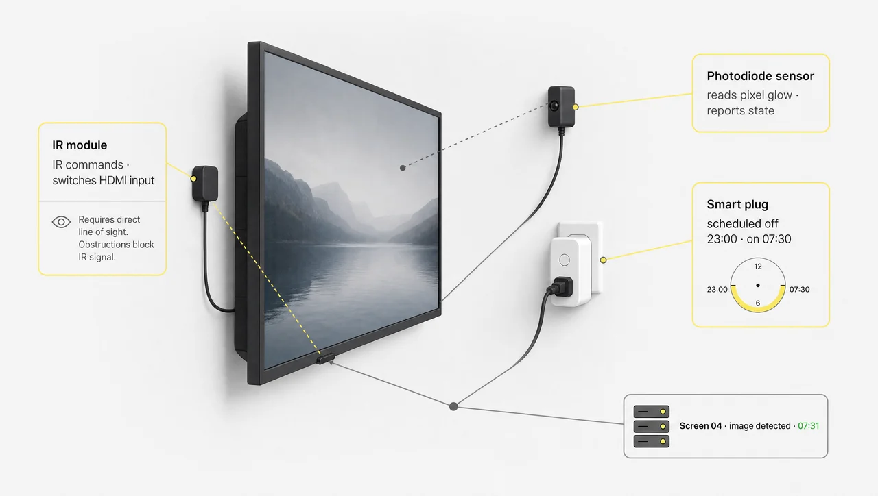 Three external modules on a wall-mounted TV: an infrared controller, a photodiode sensor and a scheduled power socket reporting to a server.