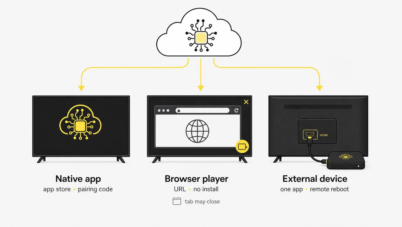 Three ways to run signage on a TV: an app inside the set, a browser player inside the set, or an external device outside it.