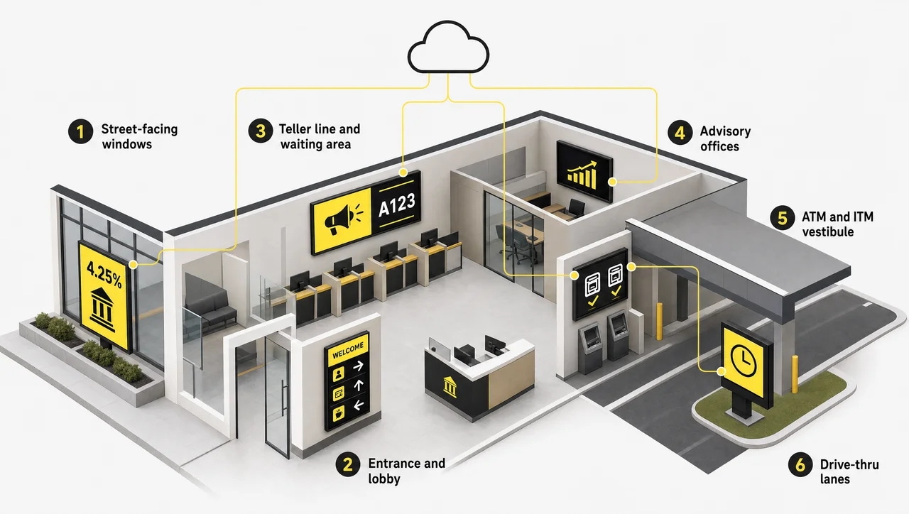 Digital signage in retail banking: bank branch layout with screens in the window, lobby, teller line, advisory office, ATM vestibule, and drive-thru.